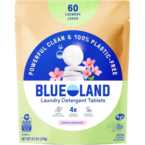 BLUELAND Laundry Detergent Tablets, 60 Count, Spring Bloom Scent, Plastic-Free Eco-Friendly Pods, Sheets, Liquid Alternative - Safe for Sensitive Skin, Gentle