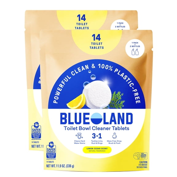 BLUELAND Toilet Bowl Cleaner Tablets, 2-Pack, 28 Count, Lemon Cedar, Plastic-Free, No Harsh Chemicals, Plant-Based