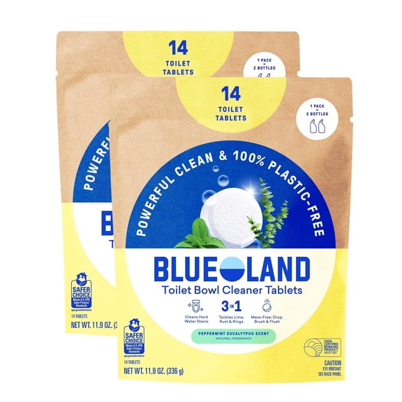 BLUELAND Toilet Bowl Cleaner Tablets, 2-Pack, 28 Count, Peppermint Eucalyptus, Plastic-Free, No Harsh Chemicals, Plant-Based