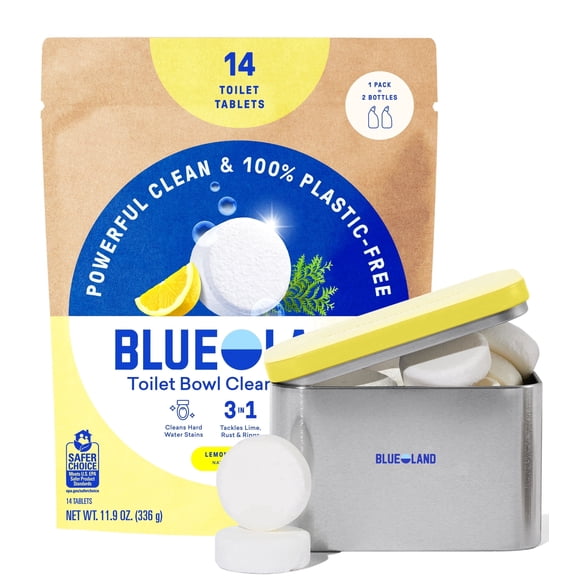 BLUELAND Toilet Bowl Cleaner Tablets, Starter Set, 14 Count with Tin, Lemon Cedar, Plastic-Free, No Harsh Chemicals, Plant-Based
