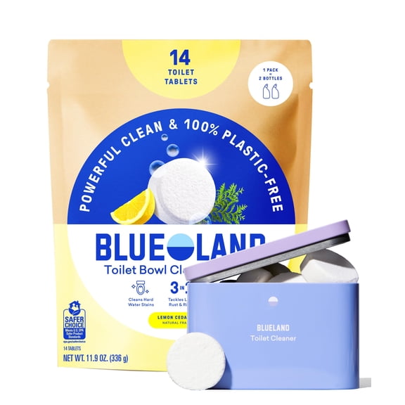 BLUELAND Toilet Bowl Cleaner Tablets, Starter Set, 14 Count with Tin, Lemon Cedar, Plastic-Free, No Harsh Chemicals, Plant-Based