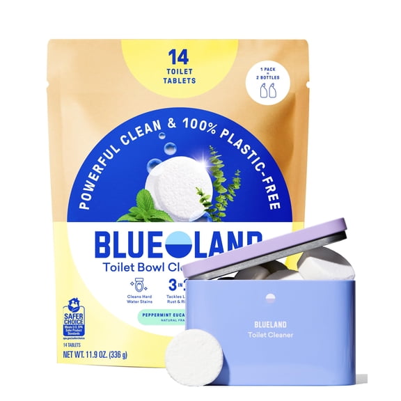 BLUELAND Toilet Bowl Cleaner Tablets, Starter Set, 14 Count with Tin, Peppermint Eucalyptus, Plastic-Free, No Harsh Chemicals, Plant-Based