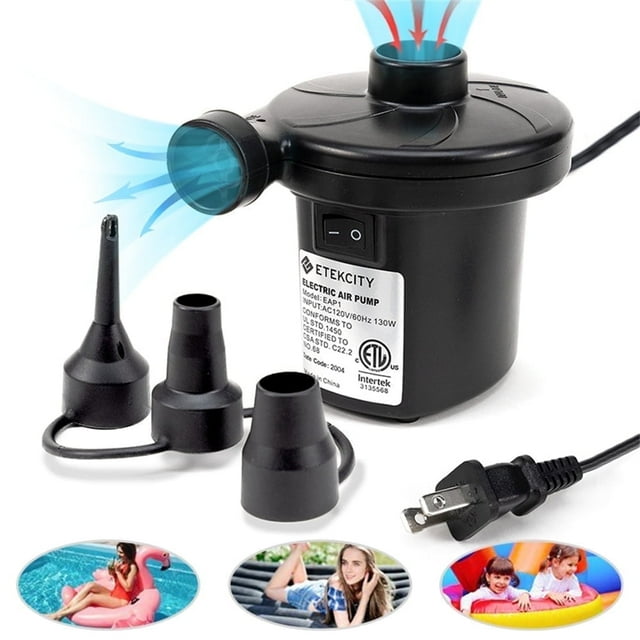 Cikuci Electric Air Pump Air Mattress Portable Pump for Inflatables Couch, Pool Floats, Blow up Pool Raft Bed Boat Toy, Quick-Fill AC Inflator Deflator with 3 Nozzles, One Size, Black