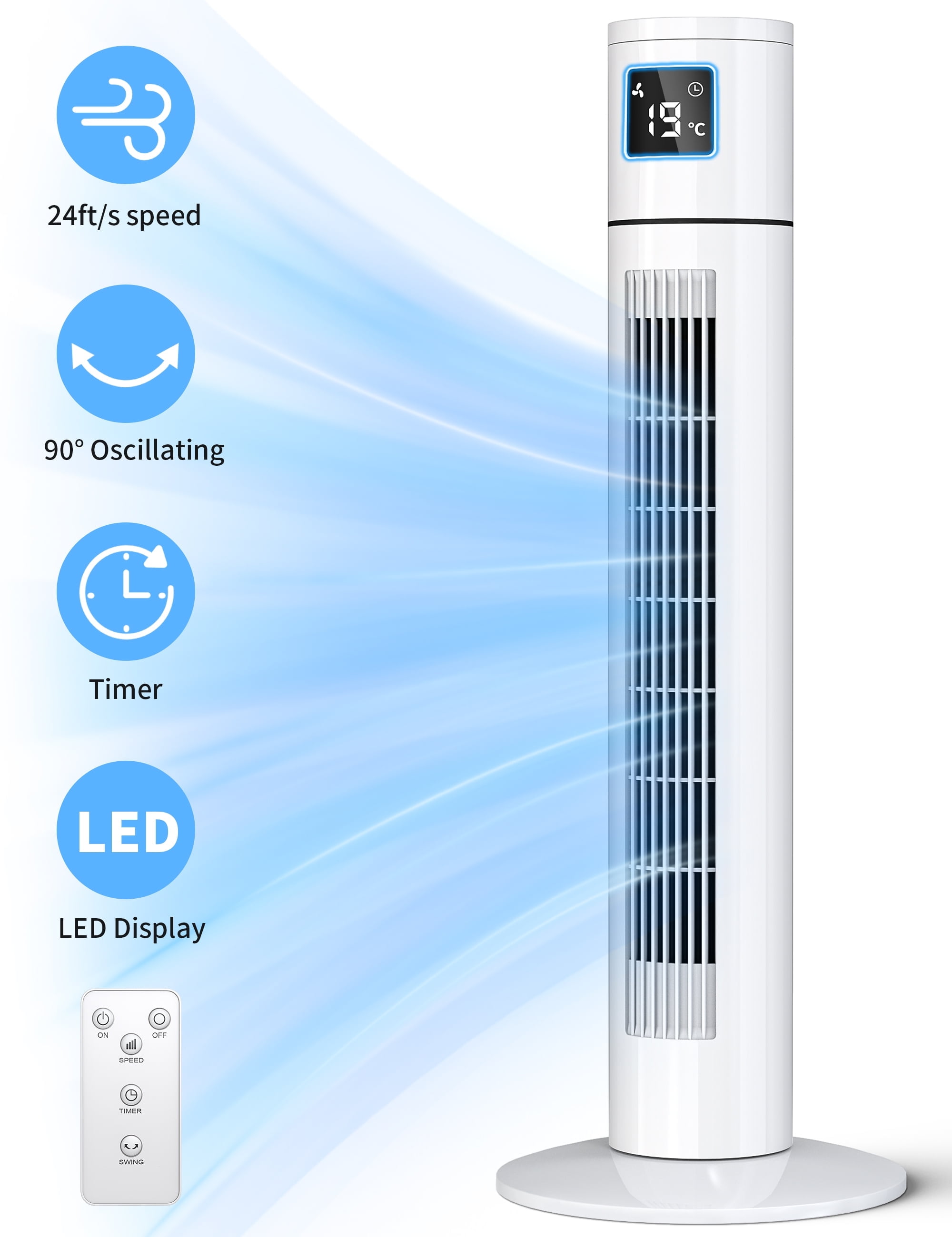 BLUELK Tower Fans, 90 Oscillating Air Cooler Floor Fan for Indoors with 3 Speeds, 12H Timer, LED Display, for Home Office