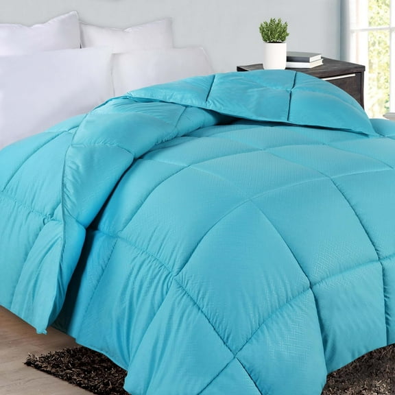 BLUENILEMILLS Microfiber Basketweave Comforter, Down Alternative Bedding, Medium Weight, Fluffy, Decorative, Plush Duvet Insert, Oversized Blanket, Box Quilt Design, Monochrome, Twin XL, Winter Blue