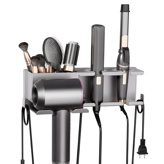 BLUEONUS Wall Mounted Hair Dryer Holder, 3-in-1 Styling Tool Organizer, Storage for Blow Dryer, Curling Iron and Hair Straightener, Gunmetal Gray