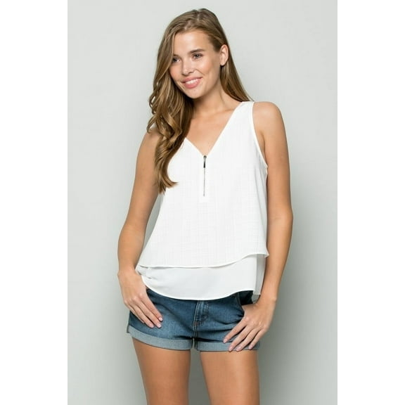BLUES & GREYS FRONT ZIPPER DOUBLE LAYER TOP IN WHITE (Medium)