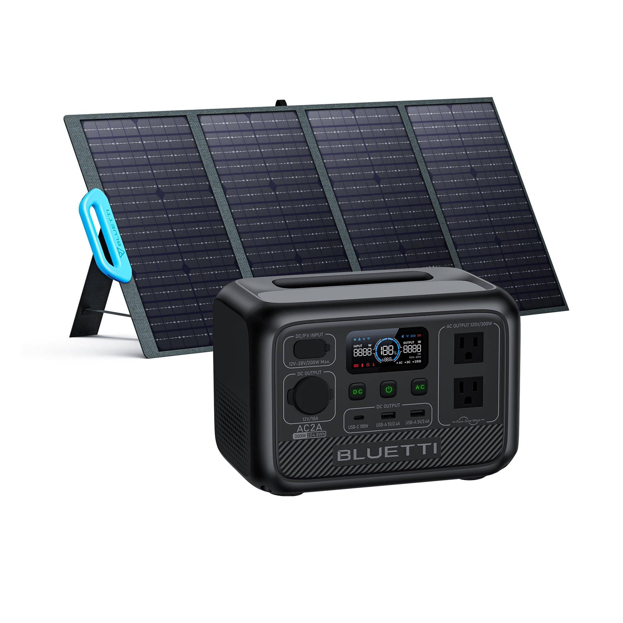 BLUETTI Portable Power Station AC2A with 100W Solar Panel, 204Wh LiFePO4 Battery Backup w/ 2 300W (600W Power Lifting) AC Outlets, Recharge to 80% in 40 Min., Solar Generator for Outdoor Camping