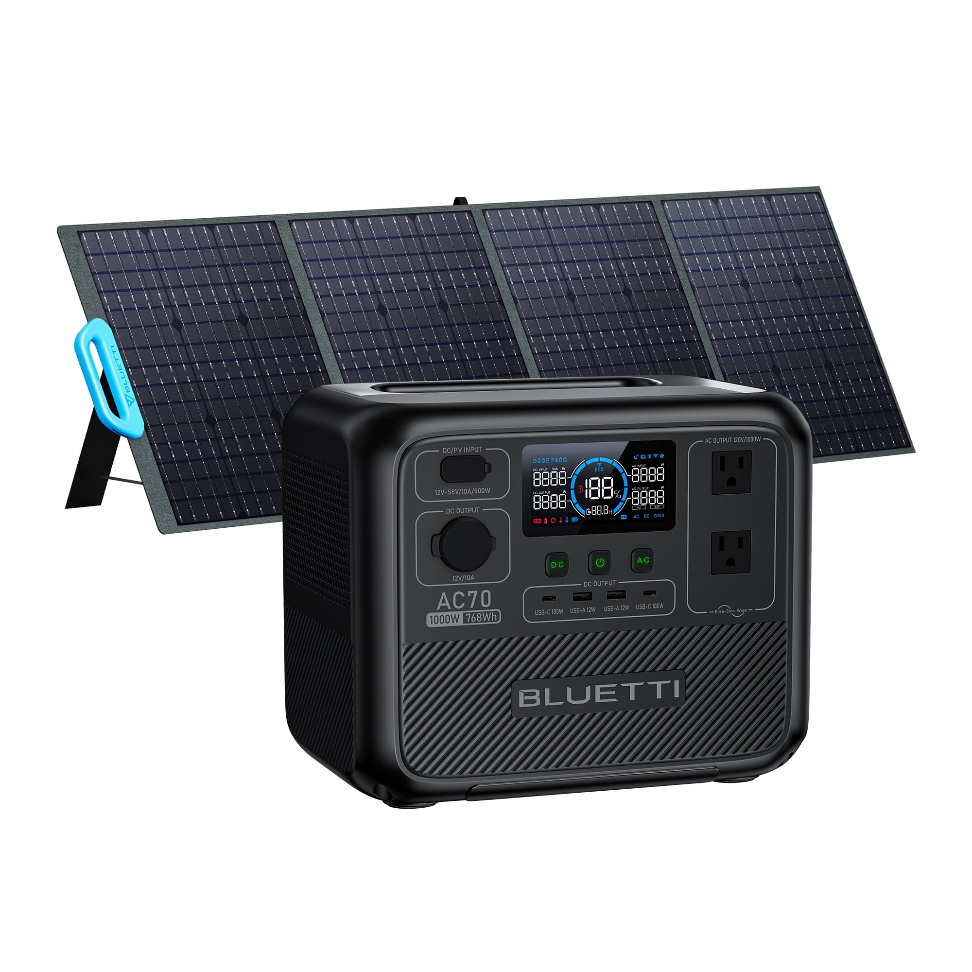 BLUETTI AC70 Portable Solar Generator and PV200 Solar Panel, 768Wh LiFePO4 Power Station, 80% Charge in 45 Mins, 1000W Rated Power (2000W Lifting Power) for Camping, Hiking, Home Backup