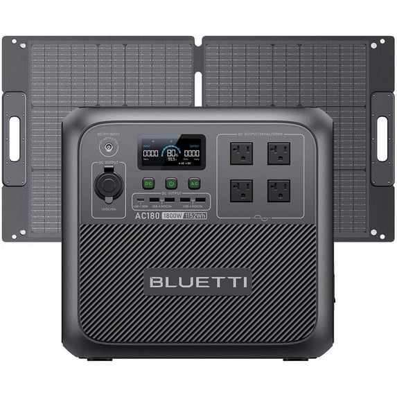 BLUETTI Solar Generator AC180 with 100W Solar Panel Included, 1152Wh Portable Power Station w/ 4 1800W (2700W Surge) AC Outlets, LiFePO4 Emergency Power for Camping, Off-grid, Power Outage