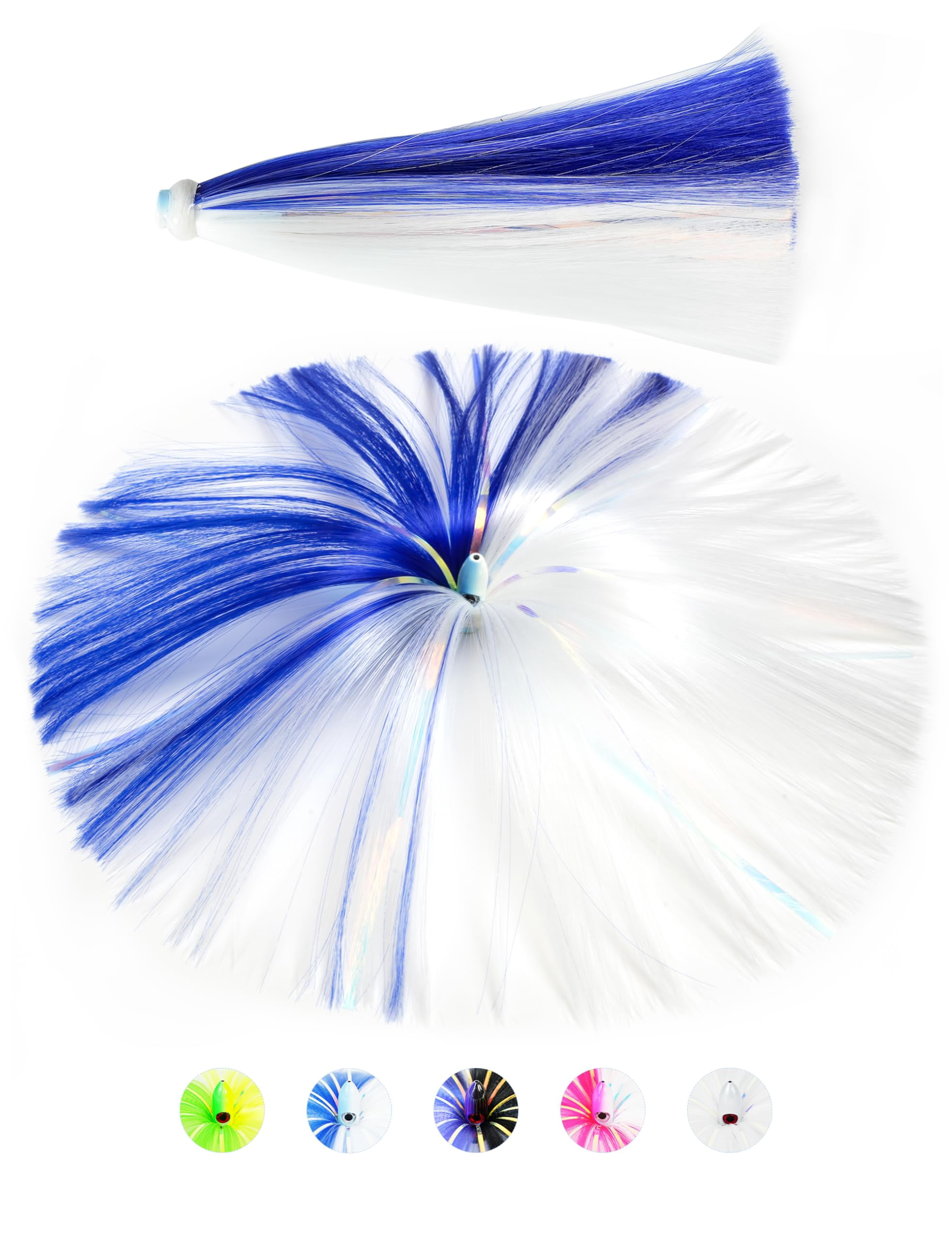 BLUEWING 1/2oz Sea Trolling Lures with Lead Head Saltwater Fishing Witches Big Game Ballyhoo Skirt for Tuna, Wahoo, Sailfish, Mahi Mahi, Blue/White