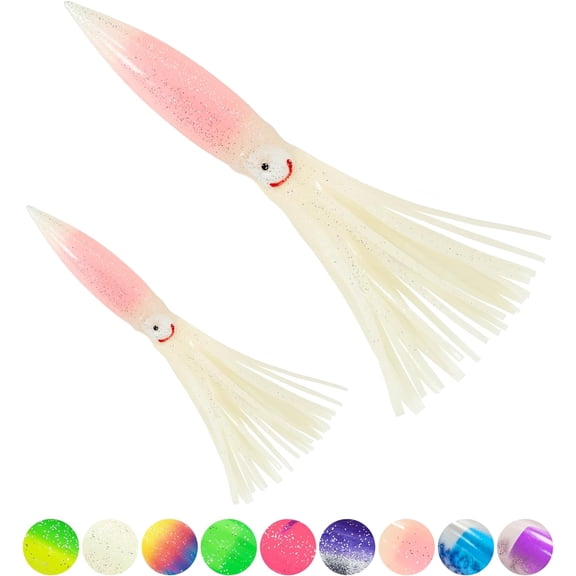 BLUEWING 10pcs Trolling Squid Skirts Fishing Saltwater with Float Inside Squid Lures Fishing Saltwater Octopus Skirt for Tuna, Mahi, Marlin, Big Game Fish Pink Glow 6in