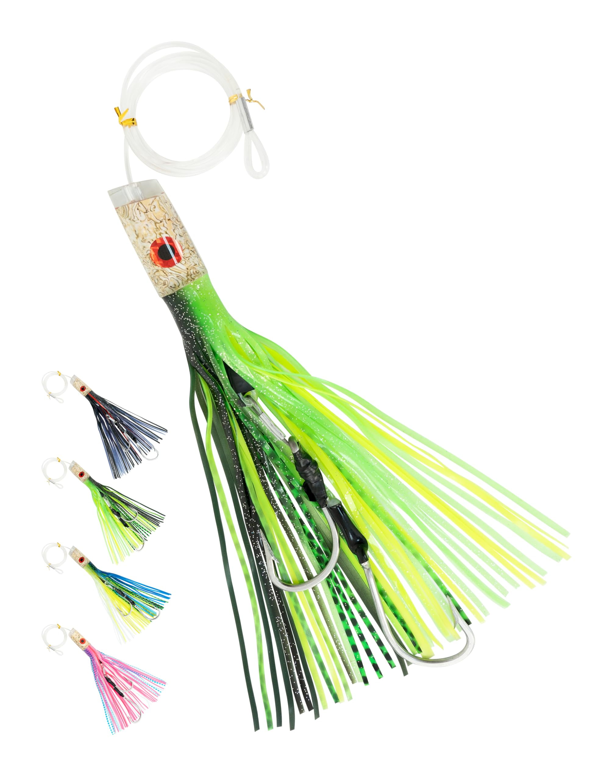 BLUEWING 12in Big Game Trolling Lure with Double Rigged Hookset and 300lb High Strength Fishing Line Saltwater Fishing Lures for Wahoo Tuna Marlin Mahi Mahi Green/Black