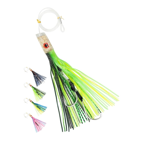 BLUEWING 12in Big Game Trolling Lure with Double Rigged Hookset and 300lb High Strength Fishing Line Saltwater Fishing Lures for Wahoo Tuna Marlin Mahi Mahi Green/Black