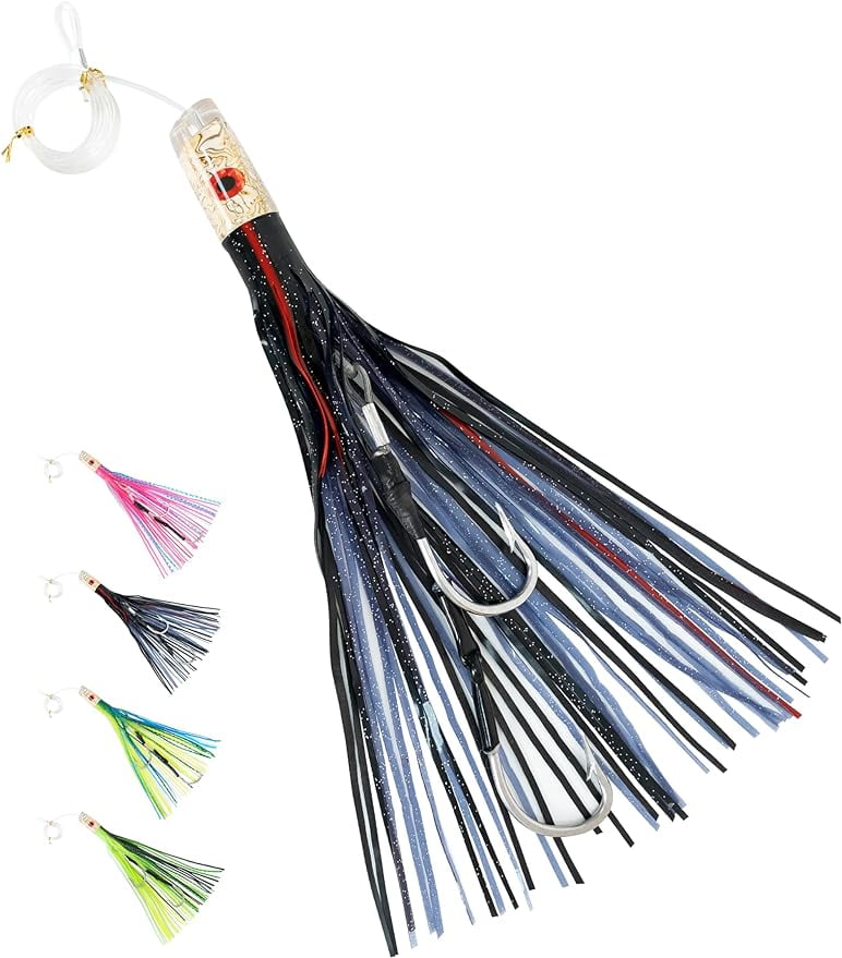 BLUEWING 15in Big Game Trolling Lure with Double Rigged Hookset and 300lb High Strength Fishing Line Saltwater Fishing Lures for Wahoo Tuna Marlin Mahi Mahi Black/Purple