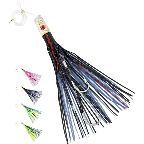 BLUEWING 15in Big Game Trolling Lure with Double Rigged Hookset and 300lb High Strength Fishing Line Saltwater Fishing Lures for Wahoo Tuna Marlin Mahi Mahi Black/Purple
