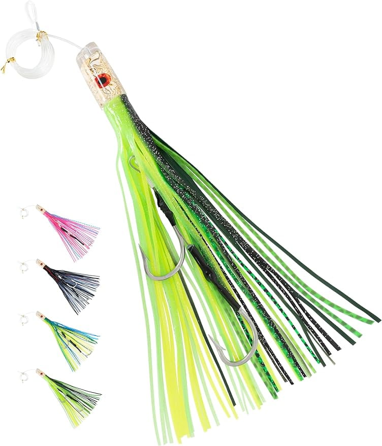 BLUEWING 15in Big Game Trolling Lure with Double Rigged Hookset and 300lb High Strength Fishing Line Saltwater Fishing Lures for Wahoo Tuna Marlin Mahi Mahi Green/Black