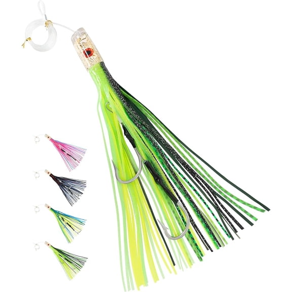 BLUEWING 15in Big Game Trolling Lure with Double Rigged Hookset and 300lb High Strength Fishing Line Saltwater Fishing Lures for Wahoo Tuna Marlin Mahi Mahi Green/Black