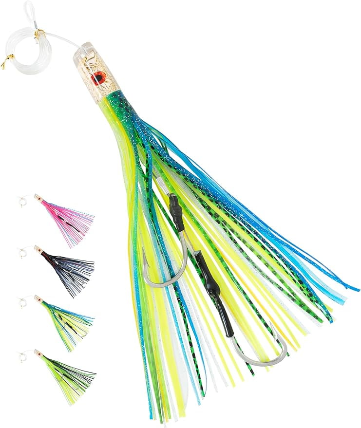 BLUEWING 15in Big Game Trolling Lure with Double Rigged Hookset and 300lb High Strength Fishing Line Saltwater Fishing Lures for Wahoo Tuna Marlin Mahi Mahi Green/Blue
