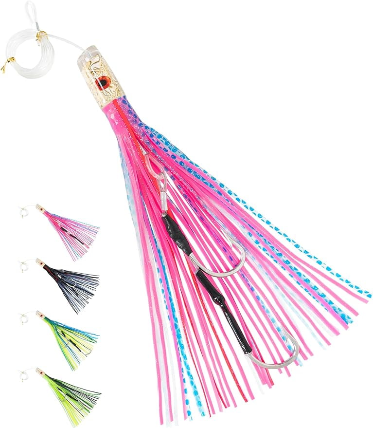 BLUEWING 15in Big Game Trolling Lure with Double Rigged Hookset and 300lb High Strength Fishing Line Saltwater Fishing Lures for Wahoo Tuna Marlin Mahi Mahi Pink/Blue