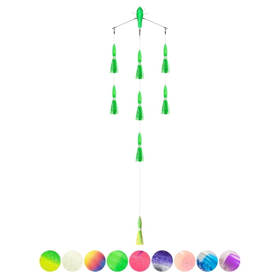 BLUEWING 18" Upgraded Fishing Spreader Bar Starboard Walker Offshore Trolling Spreader Bar with 9" Bulb Squids and 316 Stainless Steel Rod for Wahoo Tuna Marlin Mahi Mahi, Green