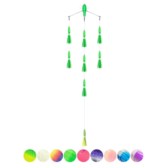 BLUEWING 18" Upgraded Fishing Spreader Bar Port Walker Offshore Trolling Spreader Bar with 6" Bulb Squids and 316 Stainless Steel Rod for Wahoo Tuna Marlin Mahi Mahi, Green
