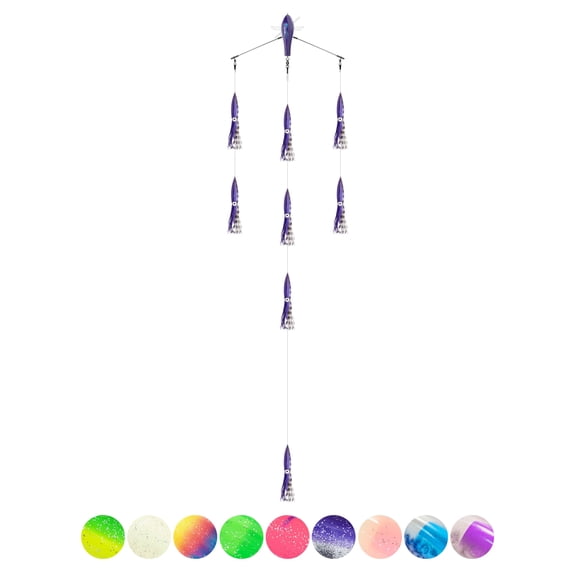 BLUEWING 18" Upgraded Fishing Spreader Bar Starboard Walker Offshore Trolling Spreader Bar with 6" Bulb Squids and 316 Stainless Steel Rod for Wahoo Tuna Marlin Mahi Mahi, Black/Purple