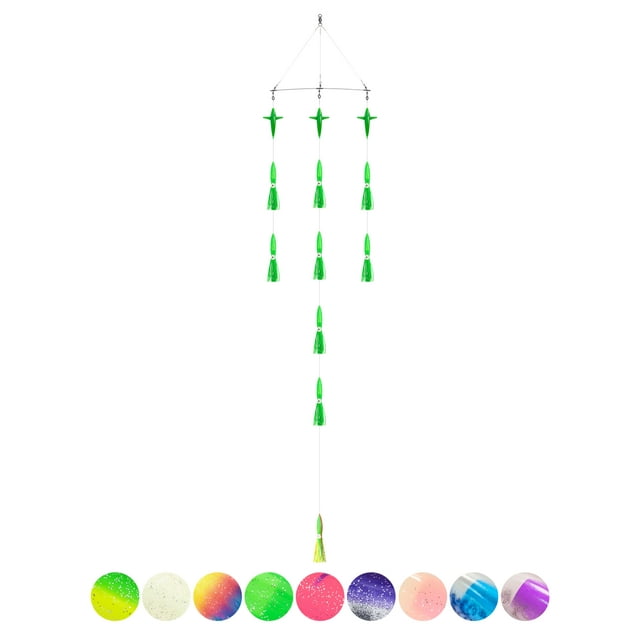 BLUEWING 18" Upgraded Fishing Spreader Bar Wave with 6" Bulb Squids, 5.28in Trolling Birds and 316 Stainless Steel Rod Offshore Spreader Bar for Wahoo Tuna Marlin Mahi Mahi, Green