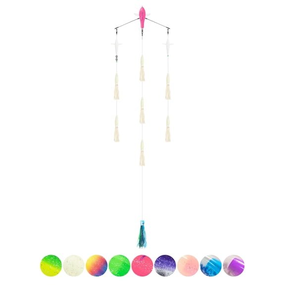 BLUEWING 18in Upgraded Fishing Spreader Bar Port Canyon with 6in Floating Squids, Trolling Birds, Big Game Trolling Lure and 316 Stainless Steel Rod for Wahoo Tuna Marlin Mahi Mahi, Luminous