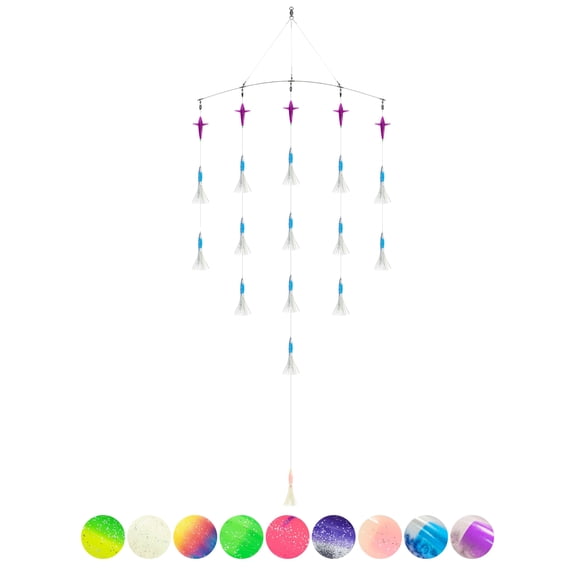 BLUEWING 36" Upgraded Fishing Spreader Bar Wave with 9" Bulb Squids, 5.28in Trolling Birds and 316 Stainless Steel Rod Offshore Spreader Bar for Wahoo Tuna Marlin Mahi Mahi Crystal Blue
