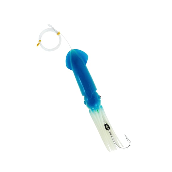 BLUEWING 9in Lighted Glow Squid Lure 1pc LED Saltwater Fishing Lure Soft Squids Baits with 9/0 Stainless Steel Hook and 300LB Mono Line Trolling Deep Drop Light, Blue Squid - Blue Light