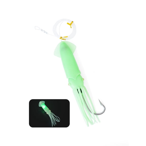 BLUEWING 9in Lighted Glow Squid Lure 1pc LED Saltwater Fishing Lure Soft Squids Baits with 9/0 Stainless Steel Hook and 300LB Mono Line Trolling Deep Drop Light, Green Squid - Green Light