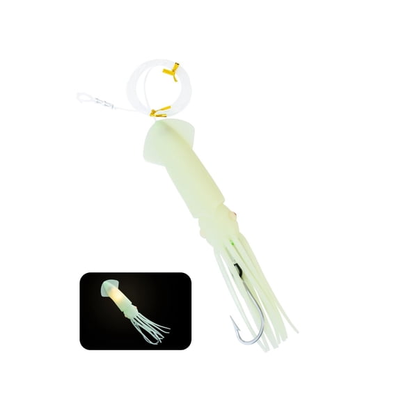 BLUEWING 9in Lighted Glow Squid Lure 1pc LED Saltwater Fishing Lure Soft Squids Baits with 9/0 Stainless Steel Hook and 300LB Mono Line Trolling Deep Drop Light, Luminous Squid - Disco Light