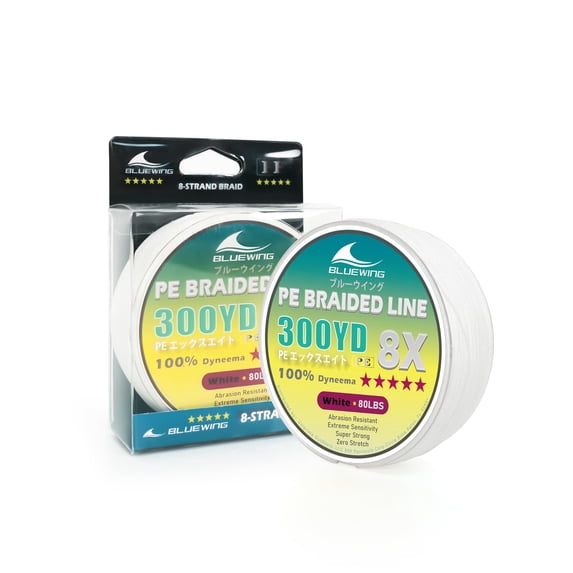 BLUEWING Braided Fishing Line 8 Strands PE Braid Fishing Lines Thin Diameter & Abrasion Resistant Fishing String for Saltwater Fishing 50LBS 300YD White