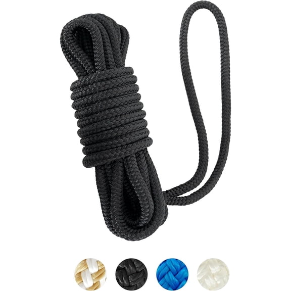 BLUEWING Double Braided Nylon Dock Lines with 12" Loop 25ft Boat Rope 3/8" 10mm Marine Docking Lines Boat Mooring Line Black