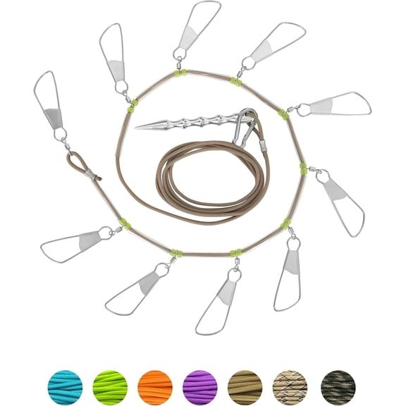 BLUEWING Fishing Stringer with Stainless Steel Snap Locks, 8ft Floating Rope and Heavy Duty Fish Spike, 1pc, Khaki