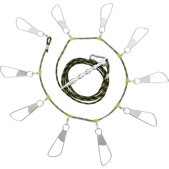 BLUEWING Fishing Stringer with Stainless Steel Snap Locks, 8ft Floating Rope and Heavy Duty Fish Spike, 1pc, Patterned Dark Green