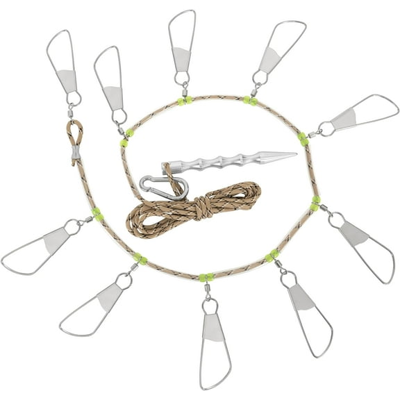 BLUEWING Fishing Stringer with Stainless Steel Snap Locks, 8ft Floating Rope and Heavy Duty Fish Spike, 1pc, Patterned Khaki