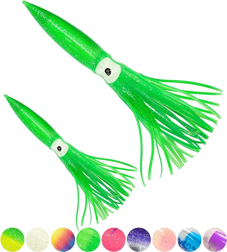 BLUEWING 10pcs Trolling Squid Skirts Fishing Saltwater with Float Inside  Squid Lures Fishing Saltwater Octopus Skirt for Tuna, Mahi, Marlin, Big Game  Fish Rainbow 6in 