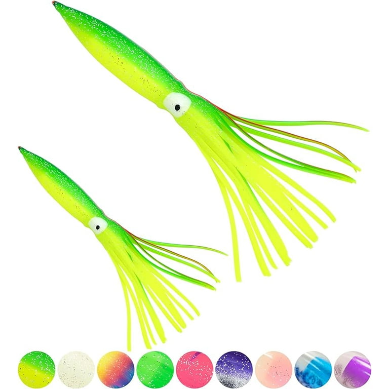 BLUEWING 10pcs Trolling Squid Skirts Fishing Saltwater with Float Inside  Squid Lures Fishing Saltwater Octopus Skirt for Tuna, Mahi, Marlin, Big  Game Fish Green-yellow 6in 