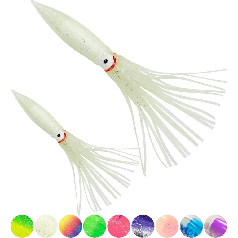BLUEWING 10pcs Trolling Squid Skirts Fishing Saltwater with Float Inside Squid  Lures Fishing Saltwater Octopus Skirt for Tuna, Mahi, Marlin, Big Game Fish  Luminous 9in 