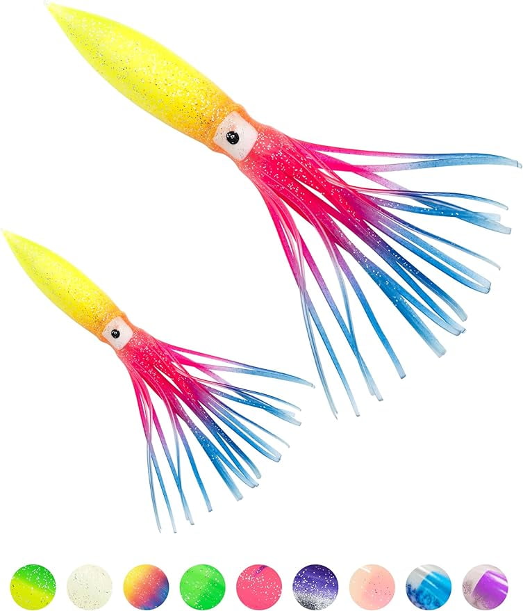 BLUEWING 10pcs Trolling Squid Skirts Fishing Saltwater with Float Inside Squid  Lures Fishing Saltwater Octopus Skirt for Tuna, Mahi, Marlin, Big Game Fish  Rainbow 6in 