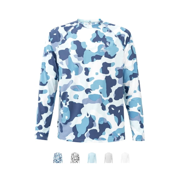 BLUEWING Men's UPF 50 Fishing Shirts Long Sleeve Sun Protection Shirt Crewneck Performance Fishing Tee Shirt, Camo Blue L