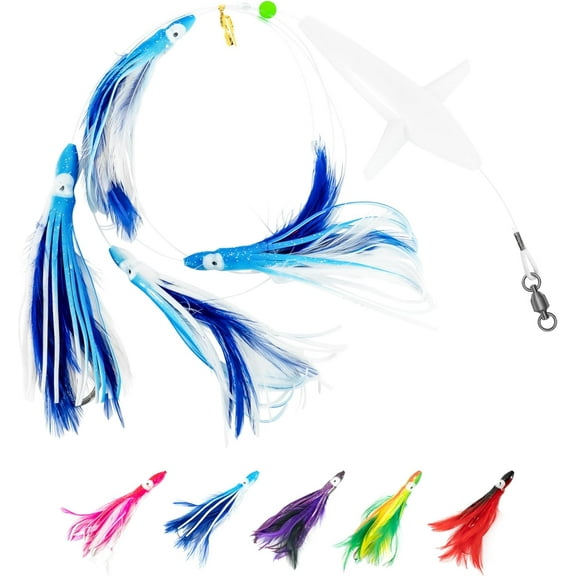 BLUEWING Tuna Feather Daisy Chain Squid Chain Fishing Teaser Lure with 4in Feathered Trolling Squids and Stainless Steel Trolling Hook Big Game Trolling Lure for Tuna Mahi Wahoo Marlin, Blue