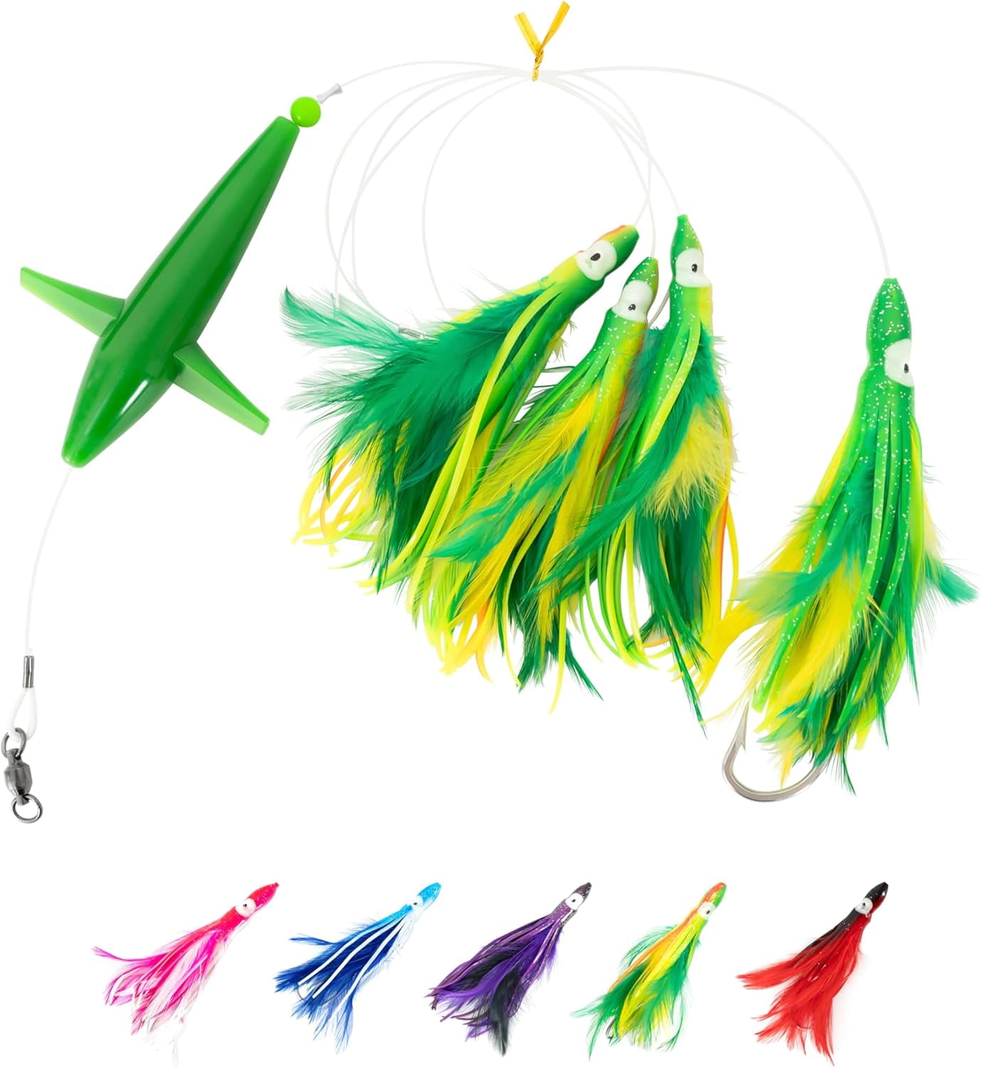 BLUEWING Tuna Feather Daisy Chain Squid Chain Fishing Teaser Lure with 4in Feathered Trolling Squids and Stainless Steel Trolling Hook Big Game Trolling Lure for Tuna Mahi Wahoo Marlin, Yellow/Green