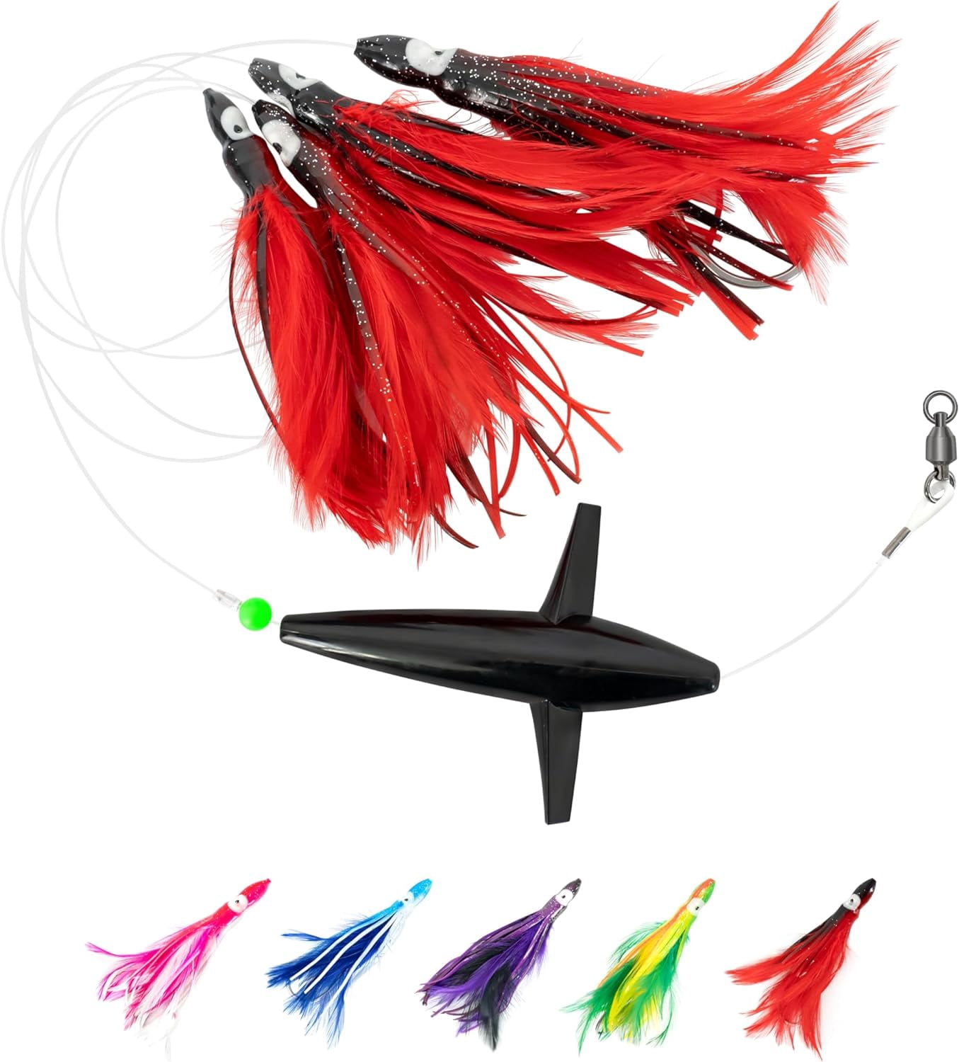 BLUEWING Tuna Feather Daisy Chain Squid Chain Fishing Teaser Lure with 6in Feathered Trolling Squids and Stainless Steel Trolling Hook Big Game Trolling Lure for Tuna Mahi Wahoo Marlin, Black/Red