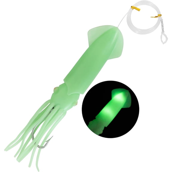 BLUEWING Upgraded Lighted Glow Squid Lure 12in Soft Fishing Trolling Squid Lure Water Activate LED Dual Lights Glow Lure with SS Trolling Hook 300lb Mono Line Deep Drop Light Up to 150h Green-Green