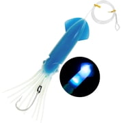 BLUEWING Upgraded Lighted Glow Squid Lure 9in Soft Fishing Trolling Squid Lure Water Activate LED Dual Lights Glow Lure with SS Trolling Hook 300lb Mono Line Deep Drop Light Up to 150h, Blue-Blue