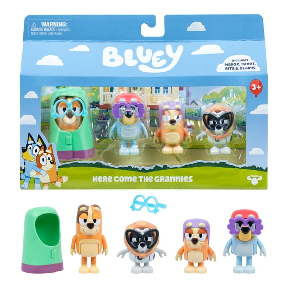 Bluey Here Come the Grannies. 4 Episode-Themed Poseable Figures. Recreate Moments from the Episode Grannies. Ages 3+