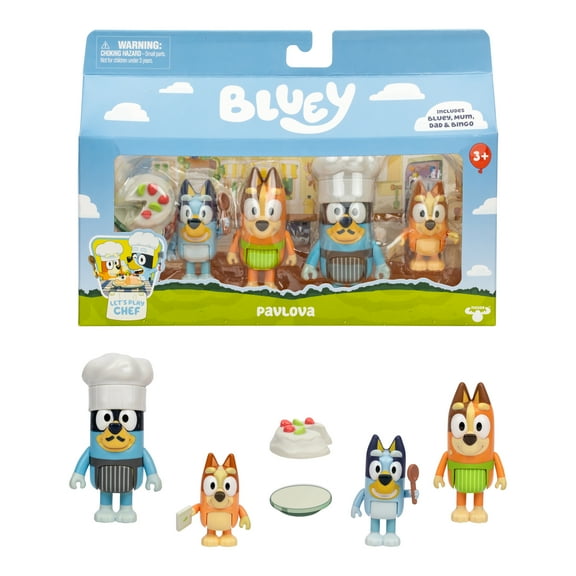 Bluey Pavlova 4 Pack, Four 2.5-3" Figures, Includes Bluey, Bingo, Bandit In His Chef Hat and Chilli, Ages 3+